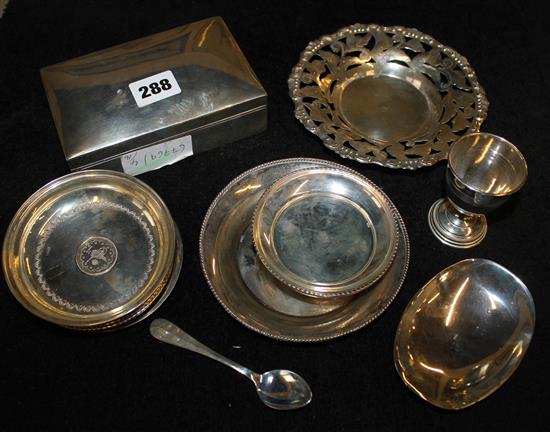 Silver cig box, egg cup, spoon 13 silver dishes